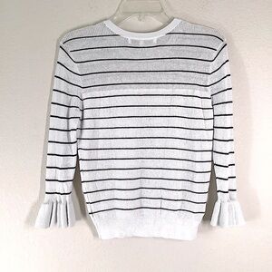 CUPCAKES & CASHMERE Crewneck Pullover Sweater Ruffle Cuff Stripe Preppy White M